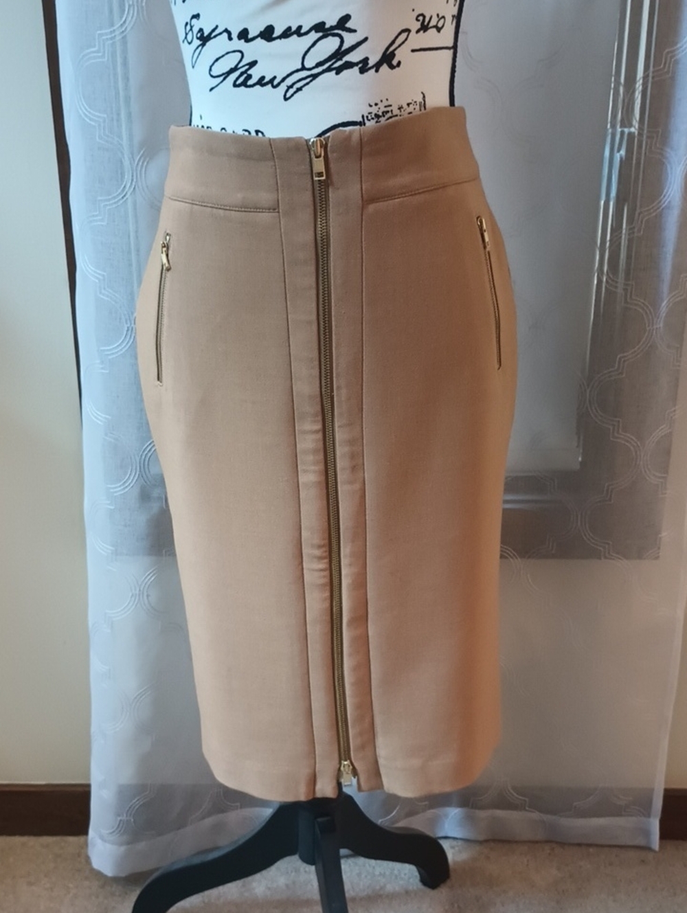 Ann Taylor Camel Zip-Front Pencil Skirt